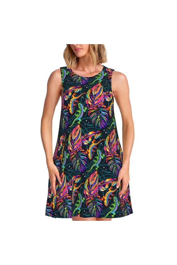 Spring Summer Dresses for Women 2025 - Colorful Gecko Cute Lizard Swimsuit Coverup Sundresses for Women, Beach Vacation Clothes for Women, Hawaiian Tshirt Dresses for Women