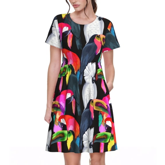 Spring Summer Dresses for Women 2025 - Colorful Toucan Cockatoo Parrot Wedding Guest Dresses, Beach Vacation Clothes, Hawaiian Sundresses Casual Short Sleeve Dress for Women with Pockets