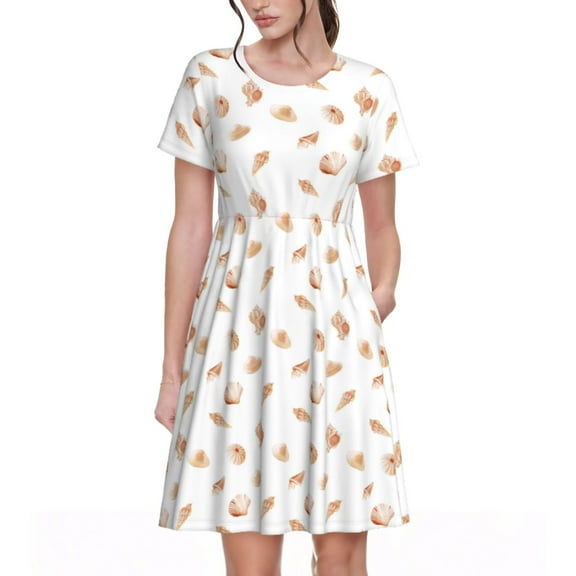 Spring Summer Dresses for Women 2025 - Conch Shells Print No.9027 Wedding Guest Dresses, Beach Vacation Clothes, Hawaiian Sundresses Casual Short Sleeve Dress for Women with Pockets