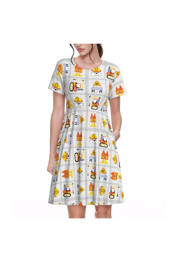 Spring Summer Dresses for Women 2025 - Construction Equipments Worker Wedding Guest Dresses, Beach Vacation Clothes, Hawaiian Sundresses Casual Short Sleeve Dress for Women with Pockets