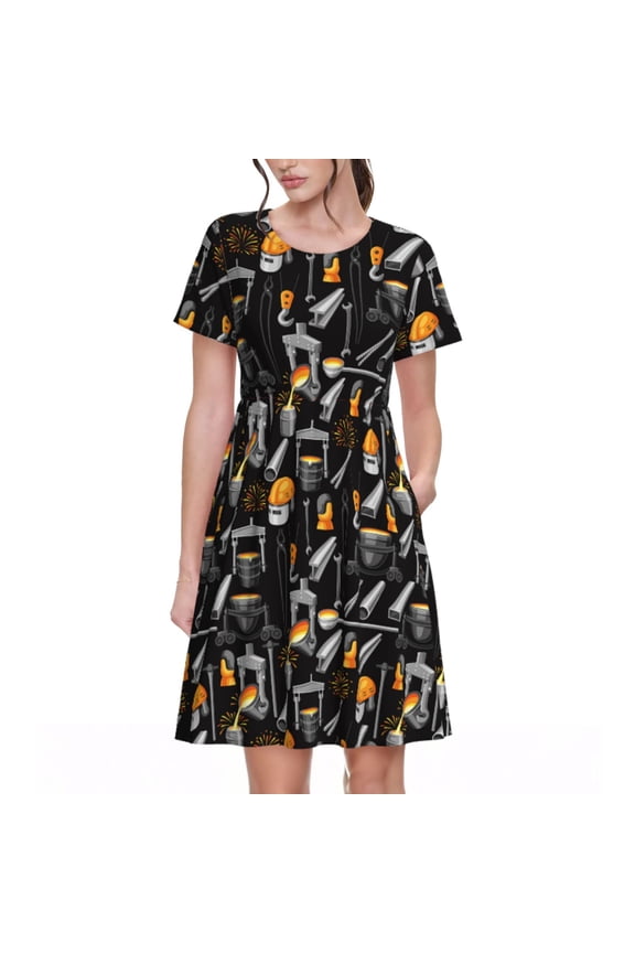 Spring Summer Dresses for Women 2025 - Construction Tools Wedding Guest Dresses, Beach Vacation Clothes, Hawaiian Sundresses Casual Short Sleeve Dress for Women with Pockets