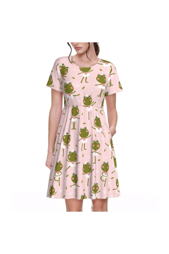 Spring Summer Dresses for Women 2025 - Cute Ballet Frogs Flower Pink Wedding Guest Dresses, Beach Vacation Clothes, Hawaiian Sundresses Casual Short Sleeve Dress for Women with Pockets