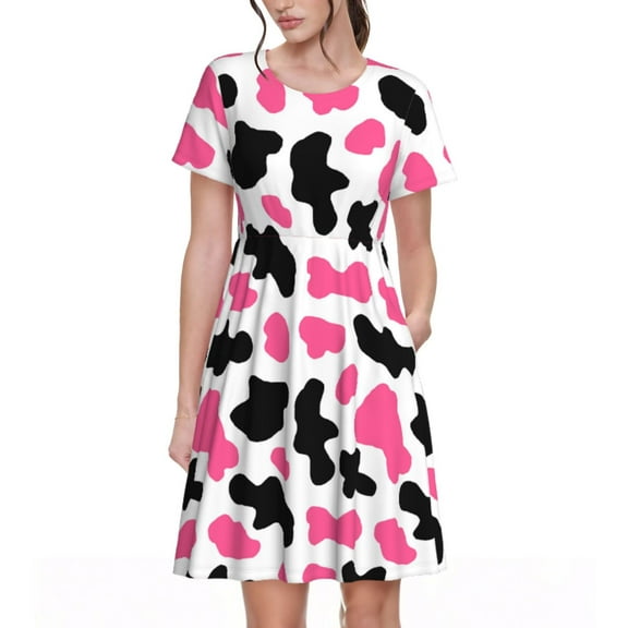 Spring Summer Dresses for Women 2025 - Cute Black Pink Cow Print Wedding Guest Dresses, Beach Vacation Clothes, Hawaiian Sundresses Casual Short Sleeve Dress for Women with Pockets