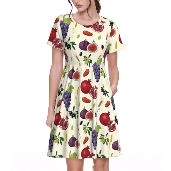 Spring Summer Dresses for Women 2025 - Cute Grape Pomegranate Wedding Guest Dresses, Beach Vacation Clothes, Hawaiian Sundresses Casual Short Sleeve Dress for Women with Pockets