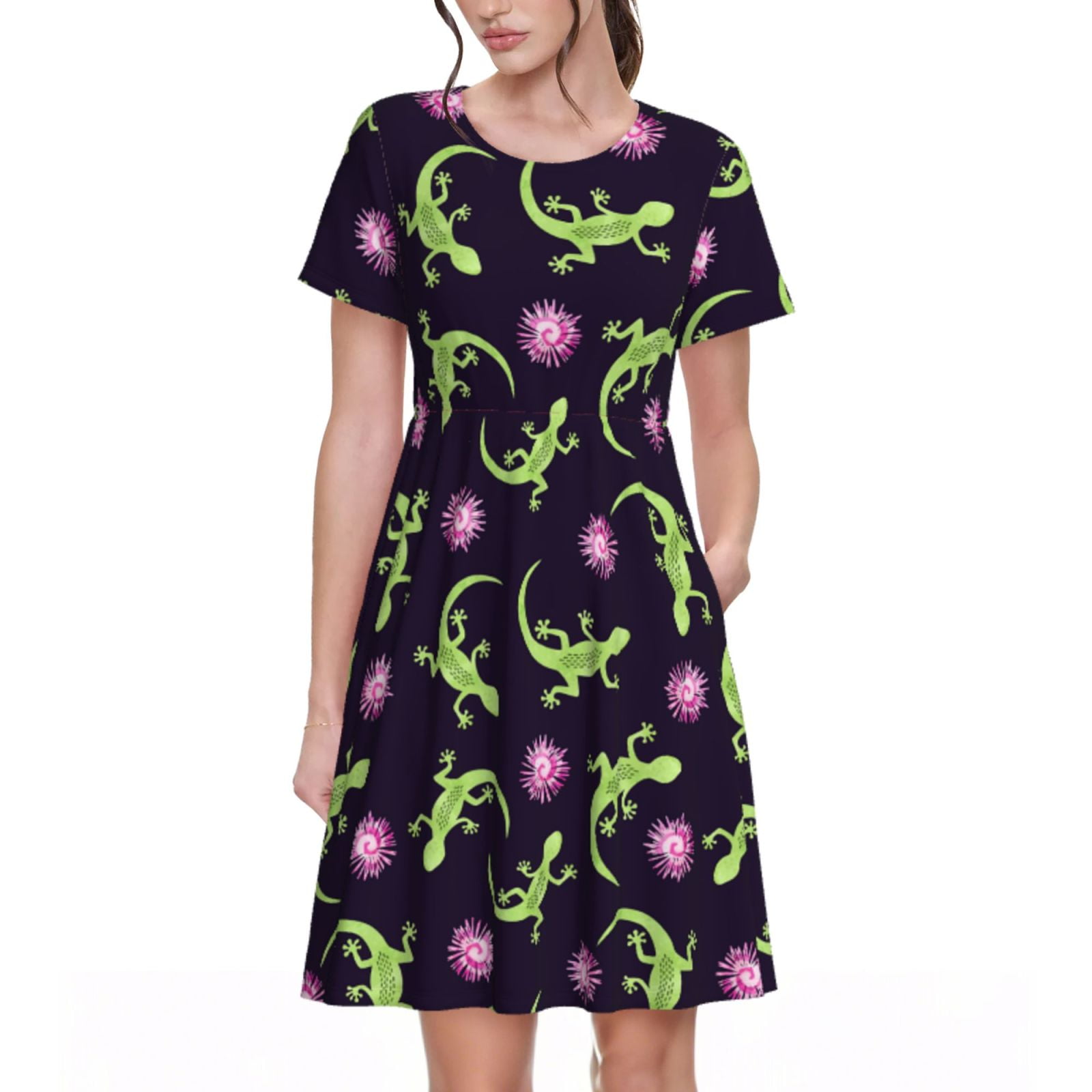 Spring Summer Dresses for Women 2025 - Cute Lizard Gecko Floral Pink ...