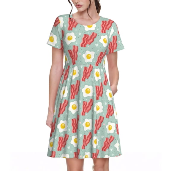 Spring Summer Dresses for Women 2025 - Cute Omelette Bacon Wedding Guest Dresses, Beach Vacation Clothes, Hawaiian Sundresses Casual Short Sleeve Dress for Women with Pockets