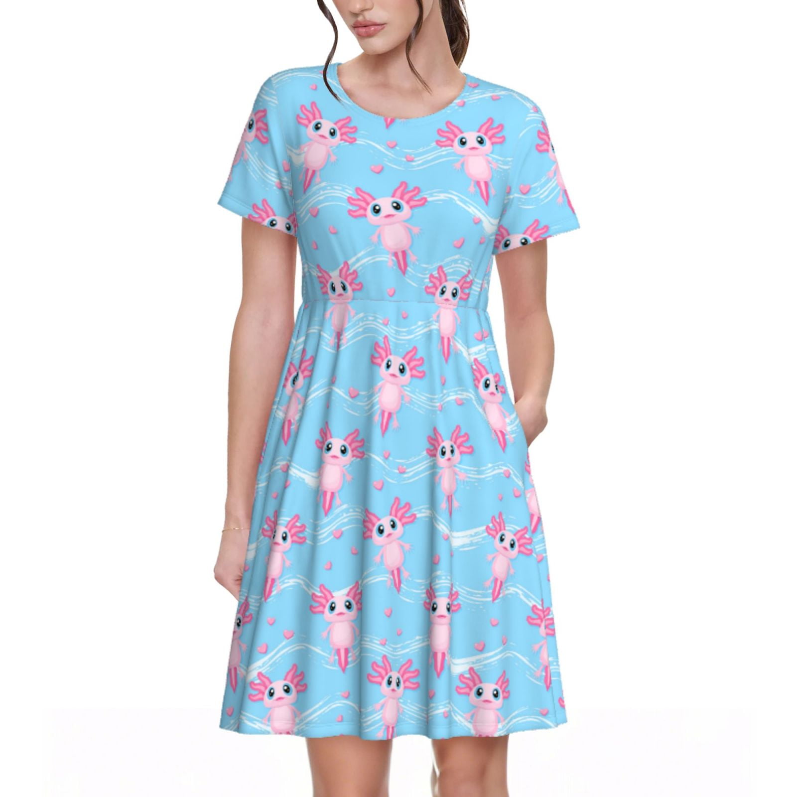 Spring Summer Dresses for Women 2025 - Cute Pink Axolotl Wavy Blue ...