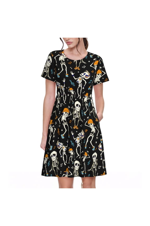 Spring Summer Dresses for Women 2025 - Dancing Skeleton Party Wedding Guest Dresses, Beach Vacation Clothes, Hawaiian Sundresses Casual Short Sleeve Dress for Women with Pockets