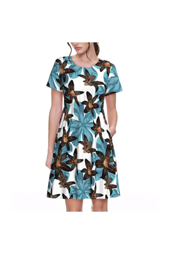 Spring Summer Dresses for Women 2025 - Dark Brown Lilies Flowers Wedding Guest Dresses, Beach Vacation Clothes, Hawaiian Sundresses Casual Short Sleeve Dress for Women with Pockets