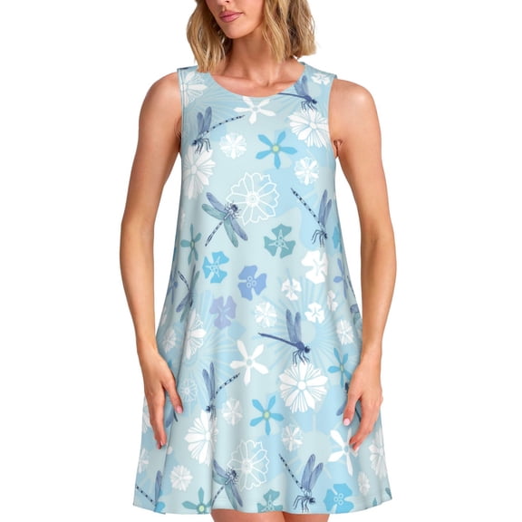 Spring Summer Dresses for Women 2025 - Dragonfly Flower Light Blue Swimsuit Coverup Sundresses for Women, Beach Vacation Clothes for Women, Hawaiian Tshirt Dresses for Women