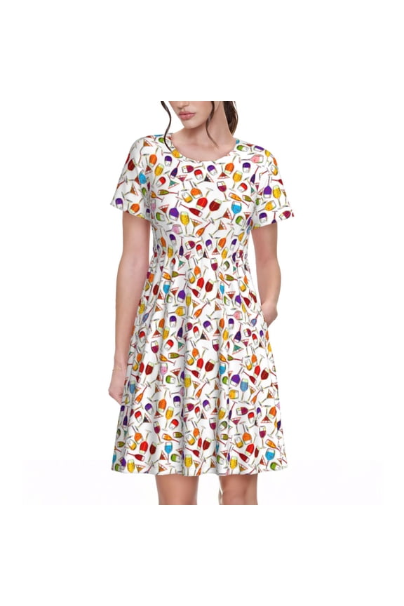 Spring Summer Dresses for Women 2025 - Drink And Cocktail Glasses Wedding Guest Dresses, Beach Vacation Clothes, Hawaiian Sundresses Casual Short Sleeve Dress for Women with Pockets
