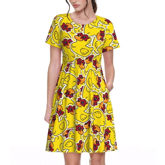 Spring Summer Dresses for Women 2025 - Duck With Star Sunglasses Wedding Guest Dresses, Beach Vacation Clothes, Hawaiian Sundresses Casual Short Sleeve Dress for Women with Pockets