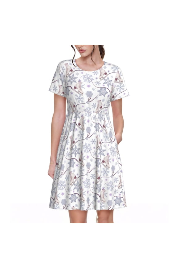 Spring Summer Dresses for Women 2025 - Elegant Ice Skates Snowflakes Wedding Guest Dresses, Beach Vacation Clothes, Hawaiian Sundresses Casual Short Sleeve Dress for Women with Pockets