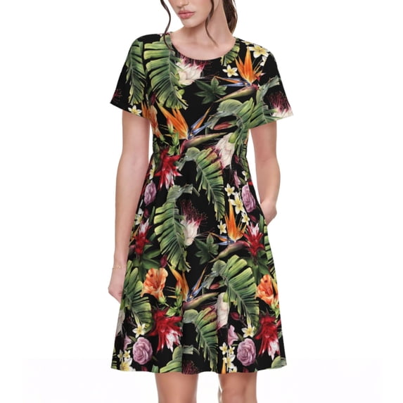 Spring Summer Dresses for Women 2025 - Elegant Tropical Flowers Wedding Guest Dresses, Beach Vacation Clothes, Hawaiian Sundresses Casual Short Sleeve Dress for Women with Pockets