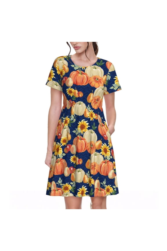 Spring Summer Dresses for Women 2025 - Fall Pumpkin Daisy Wedding Guest Dresses, Beach Vacation Clothes, Hawaiian Sundresses Casual Short Sleeve Dress for Women with Pockets