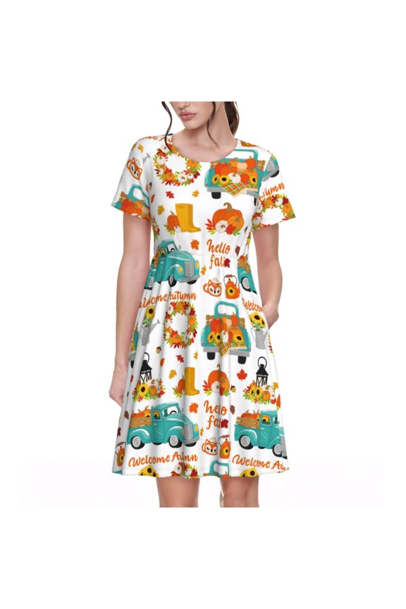 Spring Summer Dresses for Women 2025 - Fall Pumpkins And Sunflowers Wedding Guest Dresses, Beach Vacation Clothes, Hawaiian Sundresses Casual Short Sleeve Dress for Women with Pockets