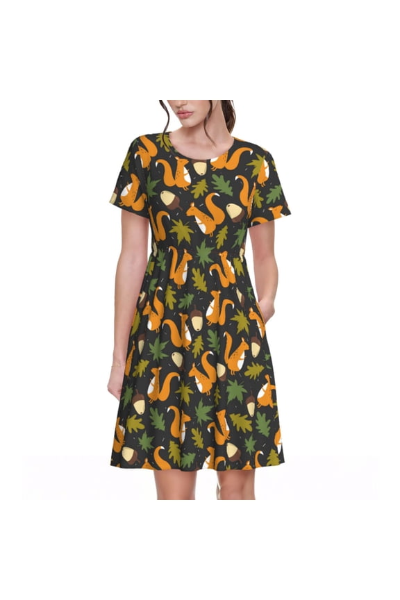 Spring Summer Dresses for Women 2025 - Forest Squirrel Wedding Guest Dresses, Beach Vacation Clothes, Hawaiian Sundresses Casual Short Sleeve Dress for Women with Pockets