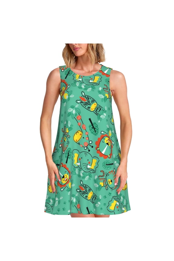 Spring Summer Dresses for Women 2025 - Funny Animals In Jungle Swimsuit Coverup Sundresses for Women, Beach Vacation Clothes for Women, Hawaiian Tshirt Dresses for Women