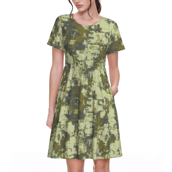 Spring Summer Dresses for Women 2025 - Green Camouflage Pattern Wedding Guest Dresses, Beach Vacation Clothes, Hawaiian Sundresses Casual Short Sleeve Dress for Women with Pockets