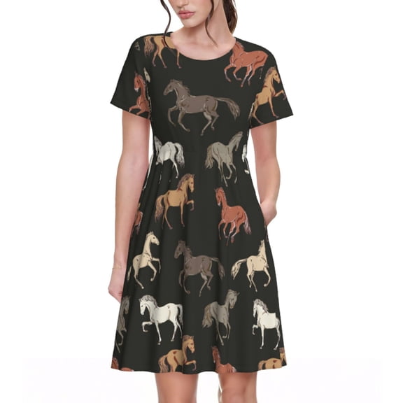 Spring Summer Dresses for Women 2025 - Hand Drawn Modern Cool Horse_A Wedding Guest Dresses, Beach Vacation Clothes, Hawaiian Sundresses Casual Short Sleeve Dress for Women with Pockets