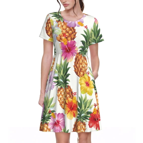Spring Summer Dresses for Women 2025 - Hawaiian Pineappl Wedding Guest Dresses, Beach Vacation Clothes, Hawaiian Sundresses Casual Short Sleeve Dress for Women with Pockets
