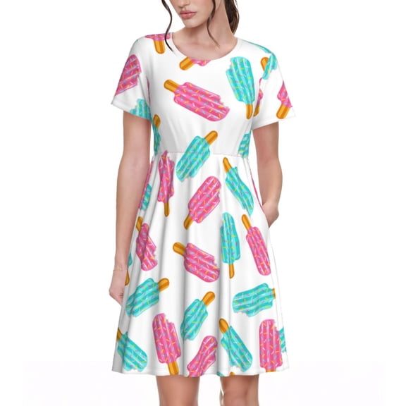 Spring Summer Dresses for Women 2025 - Ice Popsicle Print Wedding Guest Dresses, Beach Vacation Clothes, Hawaiian Sundresses Casual Short Sleeve Dress for Women with Pockets
