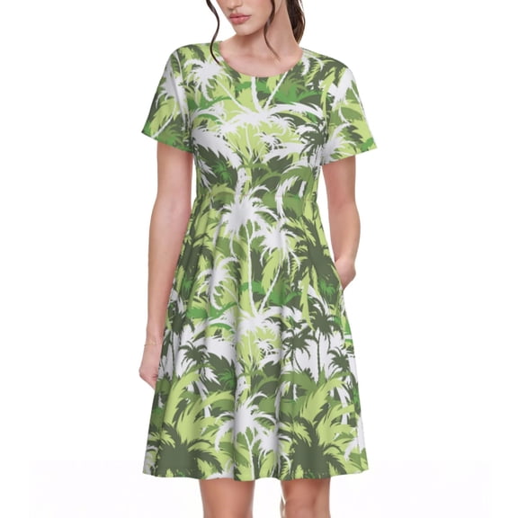 Spring Summer Dresses for Women 2025 - Jungle Green Camouflage Wedding Guest Dresses, Beach Vacation Clothes, Hawaiian Sundresses Casual Short Sleeve Dress for Women with Pockets