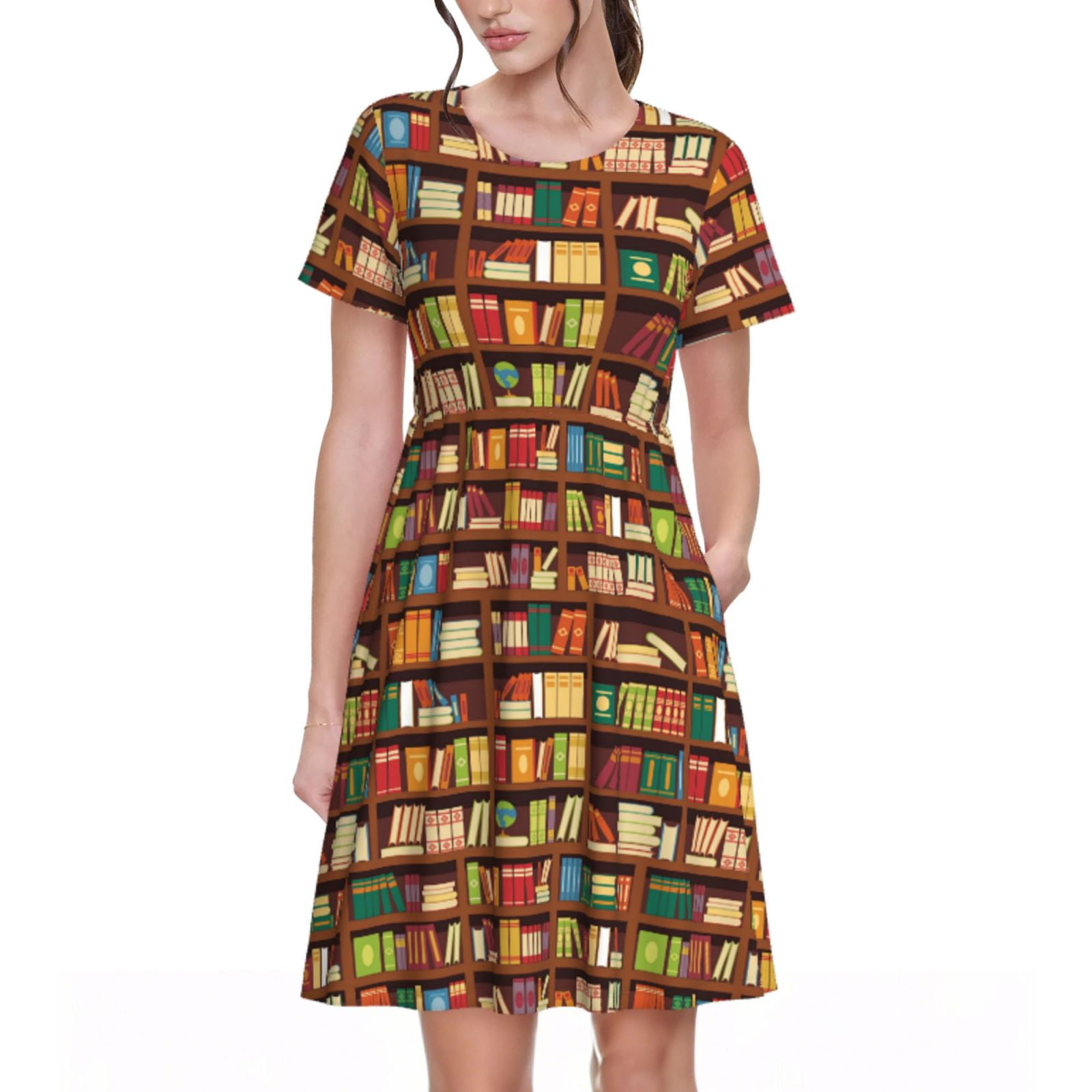 Instant Message Cat Book Shelf Graphic T-Shirt - Women's Short Sleeve Tee With Fun Literary Cat Design