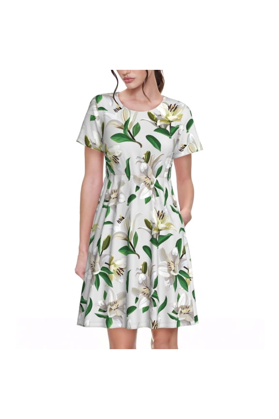 Spring Summer Dresses for Women 2025 - Lilies Flowers(1) Wedding Guest Dresses, Beach Vacation Clothes, Hawaiian Sundresses Casual Short Sleeve Dress for Women with Pockets