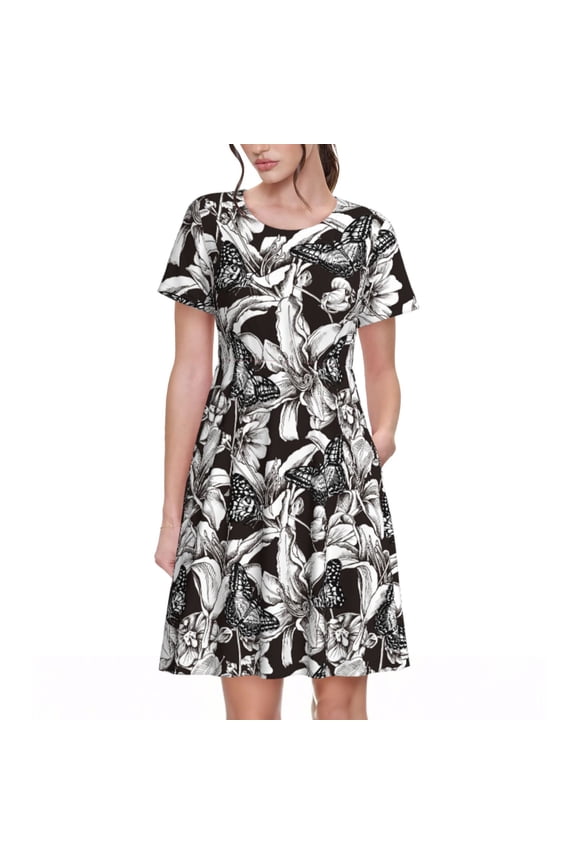 Spring Summer Dresses for Women 2025 - Lilies Flowers(B) Wedding Guest Dresses, Beach Vacation Clothes, Hawaiian Sundresses Casual Short Sleeve Dress for Women with Pockets