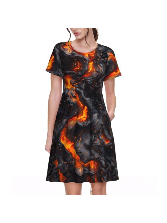 Spring Summer Dresses for Women 2025 - Molten Lava Abstract Flow Wedding Guest Dresses, Beach Vacation Clothes, Hawaiian Sundresses Casual Short Sleeve Dress for Women with Pockets