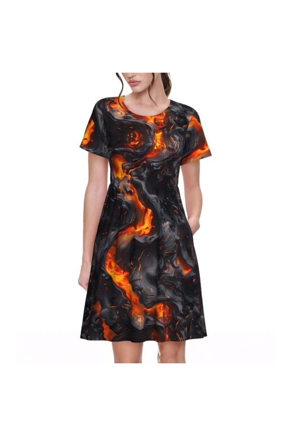Spring Summer Dresses for Women 2025 - Molten Lava Abstract Flow Wedding Guest Dresses, Beach Vacation Clothes, Hawaiian Sundresses Casual Short Sleeve Dress for Women with Pockets