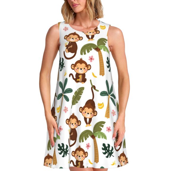 Spring Summer Dresses for Women 2025 - Monkeys Swinging From Palms Swimsuit Coverup Sundresses for Women, Beach Vacation Clothes for Women, Hawaiian Tshirt Dresses for Women