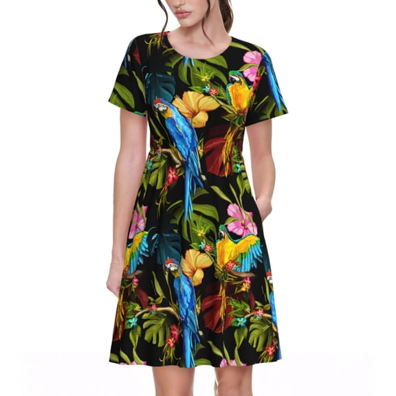 Spring Summer Dresses for Women 2025 - Oil Painting Colorful Cute Parrot Wedding Guest Dresses, Beach Vacation Clothes, Hawaiian Sundresses Casual Short Sleeve Dress for Women with Pockets