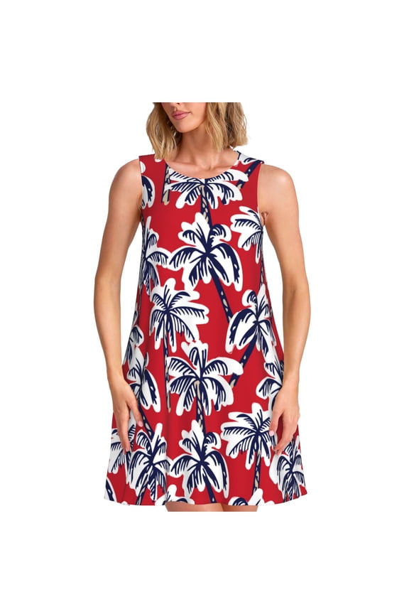 Spring Summer Dresses for Women 2025 - Palm Tree Pattern On Red Swimsuit Coverup Sundresses for Women, Beach Vacation Clothes for Women, Hawaiian Tshirt Dresses for Women