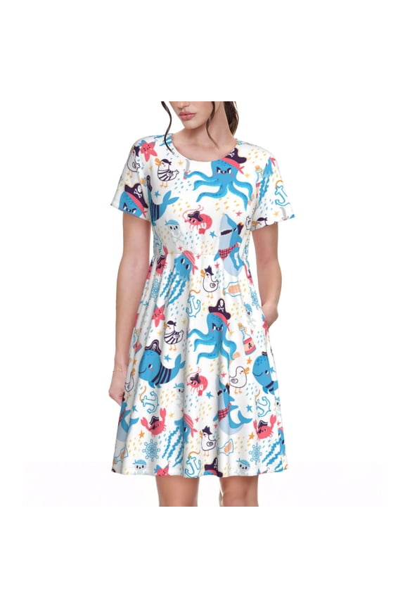 Spring Summer Dresses for Women 2025 - Party Shark Cute(A1) Wedding Guest Dresses, Beach Vacation Clothes, Hawaiian Sundresses Casual Short Sleeve Dress for Women with Pockets
