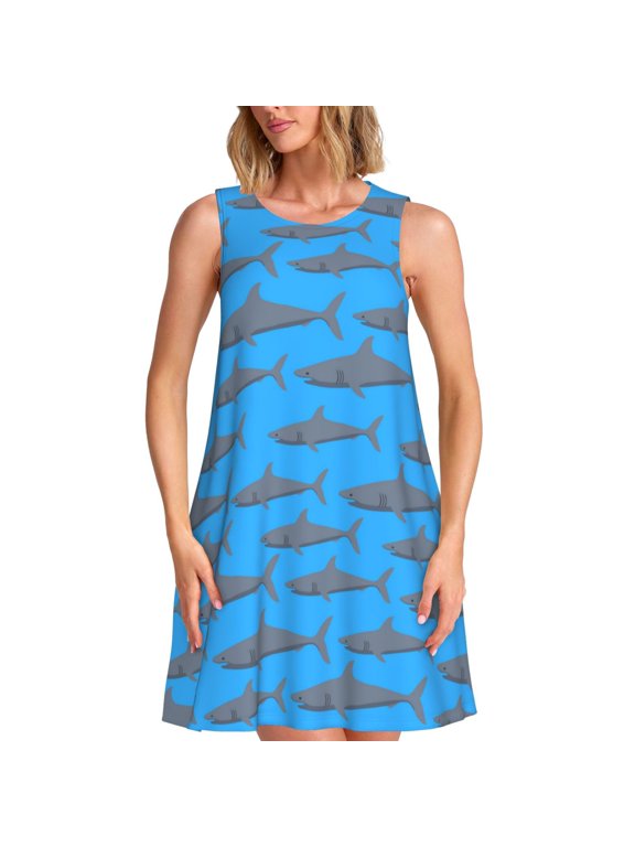 Spring Summer Dresses for Women 2025 - Party Shark Cute(S) Swimsuit Coverup Sundresses for Women, Beach Vacation Clothes for Women, Hawaiian Tshirt Dresses for Women