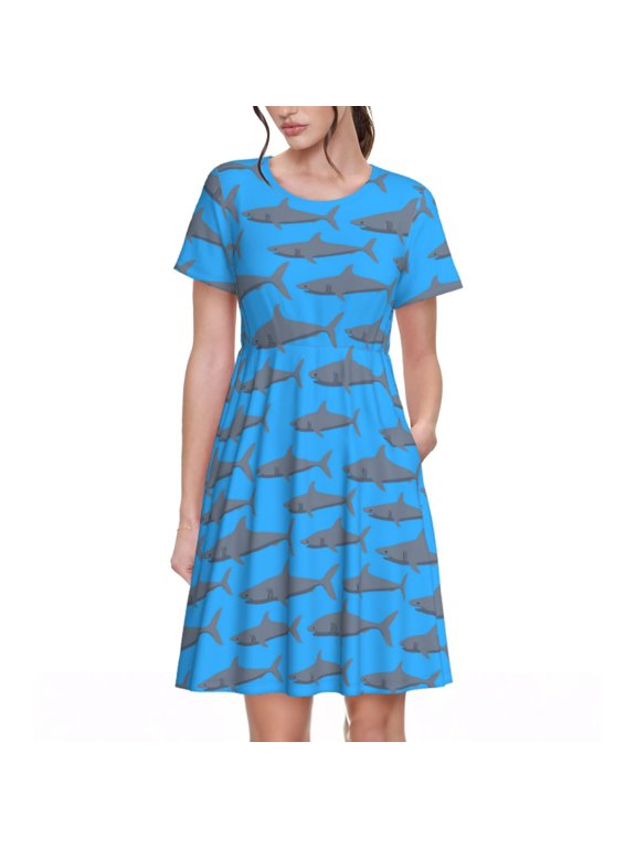 Spring Summer Dresses for Women 2025 - Party Shark Cute(S) Wedding Guest Dresses, Beach Vacation Clothes, Hawaiian Sundresses Casual Short Sleeve Dress for Women with Pockets