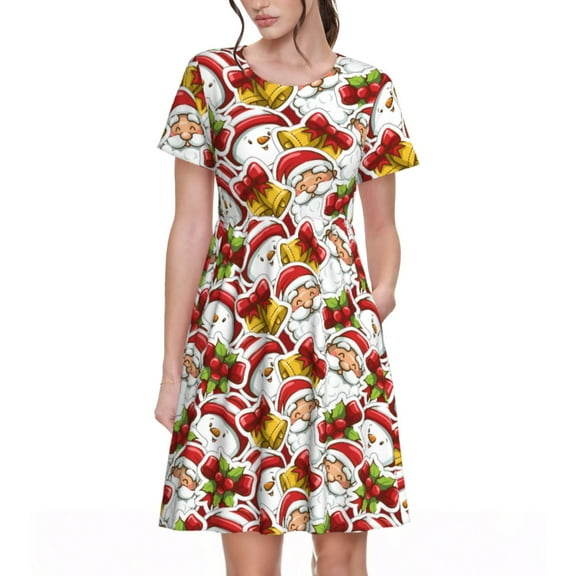 Spring Summer Dresses for Women 2025 - Santa Claus Bells Snowman Wedding Guest Dresses, Beach Vacation Clothes, Hawaiian Sundresses Casual Short Sleeve Dress for Women with Pockets