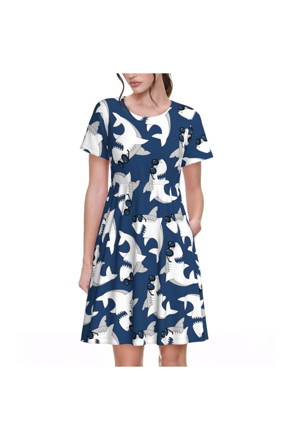 Spring Summer Dresses for Women 2025 - Shark Wedding Guest Dresses, Beach Vacation Clothes, Hawaiian Sundresses Casual Short Sleeve Dress for Women with Pockets