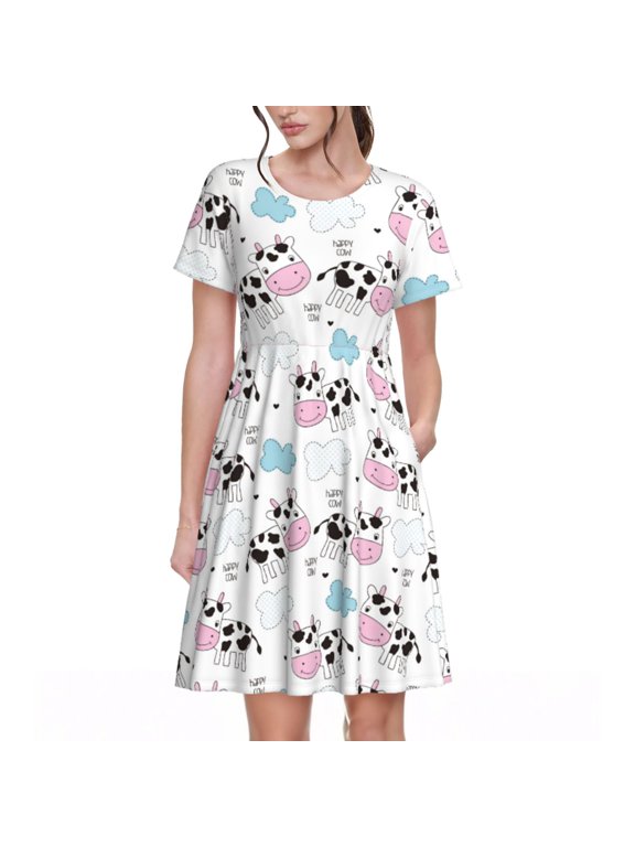 Spring Summer Dresses for Women 2025 - Simple Funny Cute Cow Wedding Guest Dresses, Beach Vacation Clothes, Hawaiian Sundresses Casual Short Sleeve Dress for Women with Pockets