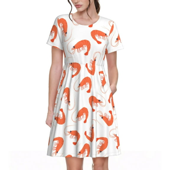 Spring Summer Dresses for Women 2025 - Simple Shrimp Print White Wedding Guest Dresses, Beach Vacation Clothes, Hawaiian Sundresses Casual Short Sleeve Dress for Women with Pockets