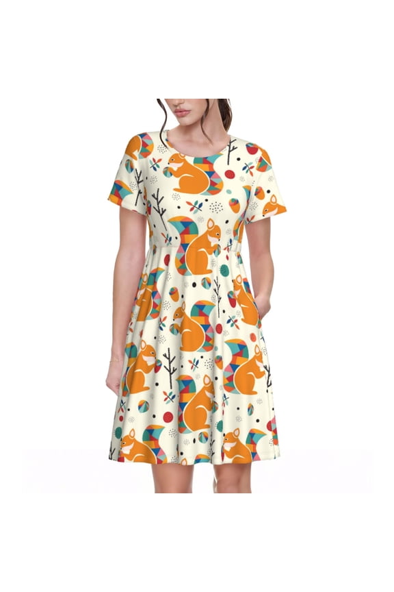 Spring Summer Dresses for Women 2025 - Squirrel With Colorful Tail Wedding Guest Dresses, Beach Vacation Clothes, Hawaiian Sundresses Casual Short Sleeve Dress for Women with Pockets