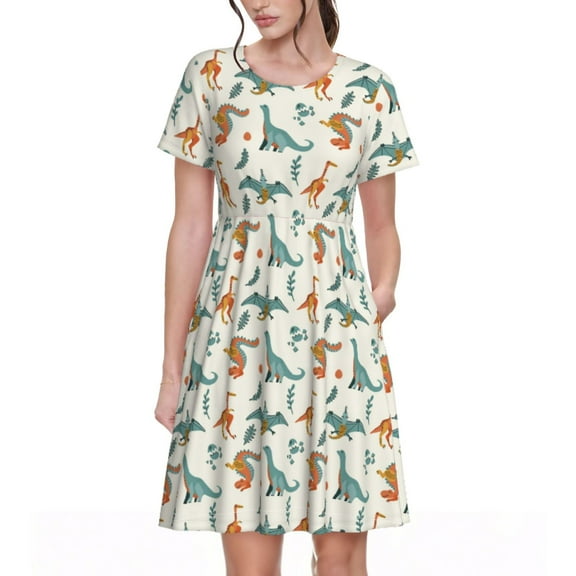 Spring Summer Dresses for Women 2025 - Summer Dinosaur Wedding Guest Dresses, Beach Vacation Clothes, Hawaiian Sundresses Casual Short Sleeve Dress for Women with Pockets