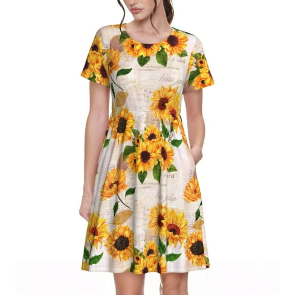 Spring Summer Dresses for Women 2025 - Sunflower D Wedding Guest Dresses, Beach Vacation Clothes, Hawaiian Sundresses Casual Short Sleeve Dress for Women with Pockets