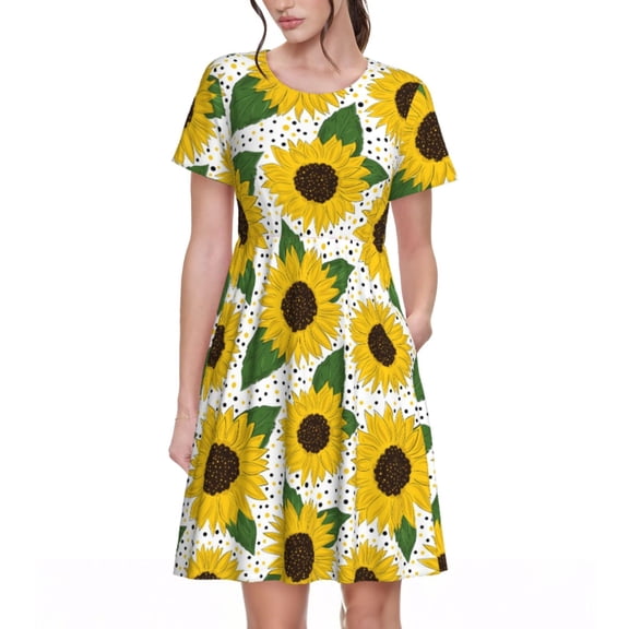 Spring Summer Dresses for Women 2025 - Sunflowers Wedding Guest Dresses, Beach Vacation Clothes, Hawaiian Sundresses Casual Short Sleeve Dress for Women with Pockets