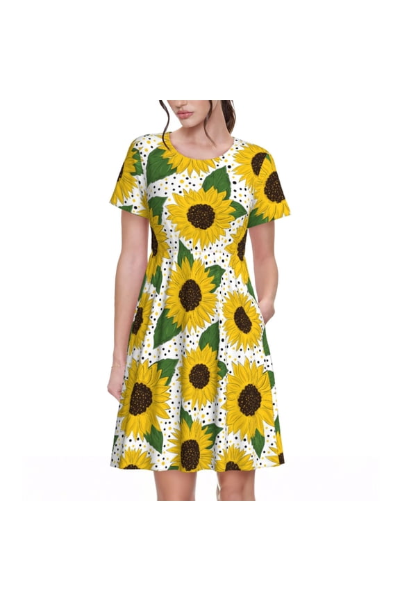 Spring Summer Dresses for Women 2025 - Sunflowers Wedding Guest Dresses, Beach Vacation Clothes, Hawaiian Sundresses Casual Short Sleeve Dress for Women with Pockets