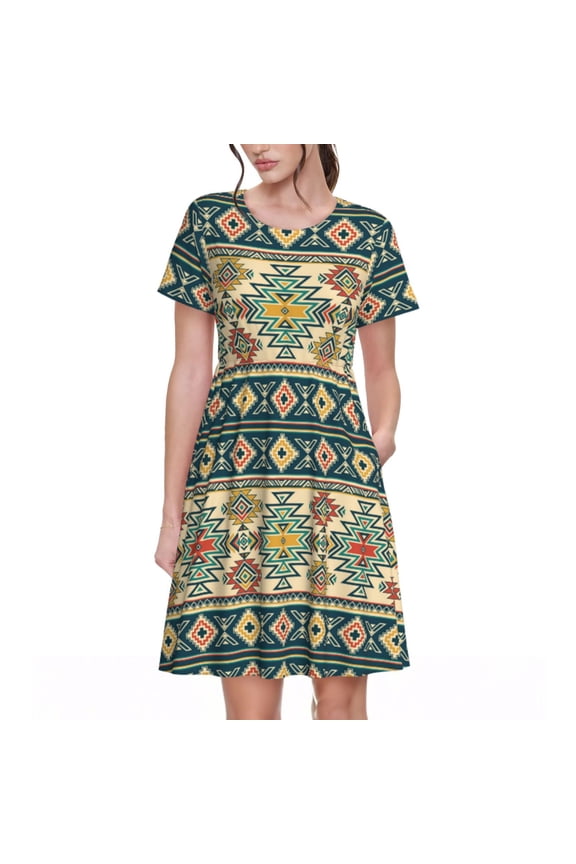 Spring Summer Dresses for Women 2025 - Traditional Tribal Aztec1 Wedding Guest Dresses, Beach Vacation Clothes, Hawaiian Sundresses Casual Short Sleeve Dress for Women with Pockets
