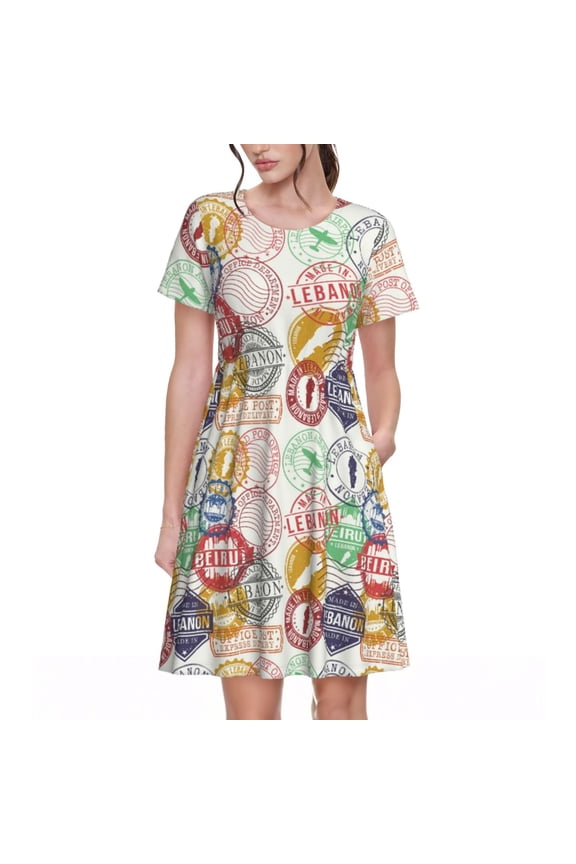 Spring Summer Dresses for Women 2025 - Travel Stamp Wedding Guest Dresses, Beach Vacation Clothes, Hawaiian Sundresses Casual Short Sleeve Dress for Women with Pockets