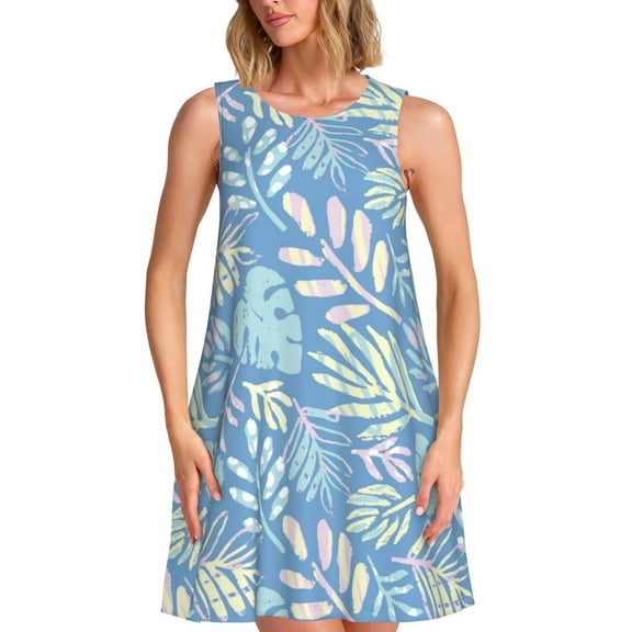 Spring Summer Dresses for Women 2025 - Tropical Leaf Palm Tree Swimsuit Coverup Sundresses for Women, Beach Vacation Clothes for Women, Hawaiian Tshirt Dresses for Women